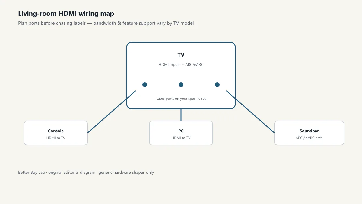 Editorial wiring map for planning TV HDMI inputs with a game console, PC, and soundbar over ARC or eARC—port labels vary by TV