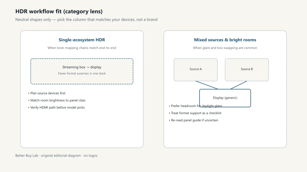 Editorial diagram comparing HDR workflow fit: single-ecosystem sources versus mixed sources in bright rooms—generic shapes only, no brand logos